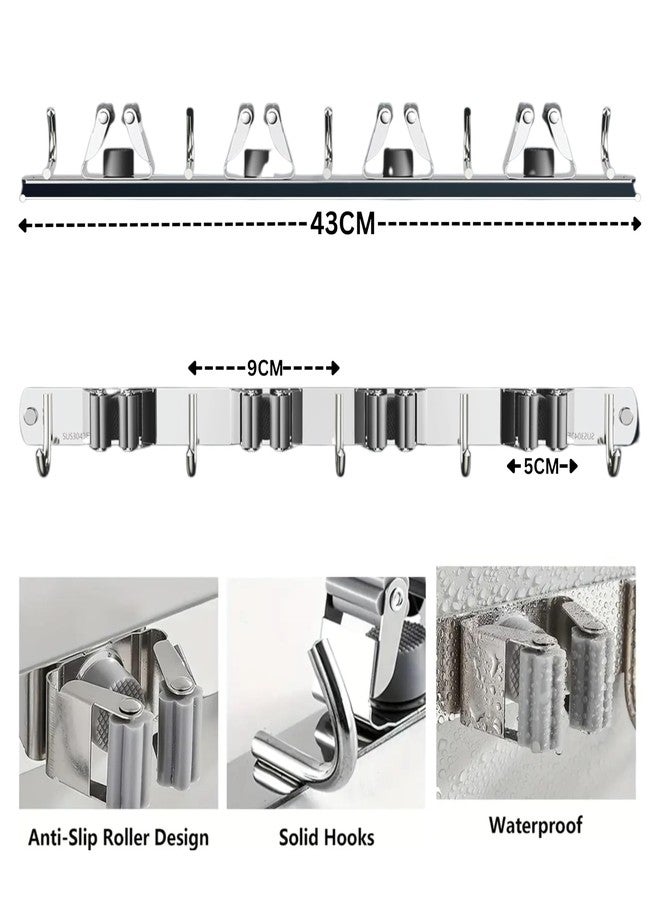 Home Elem Broom Mop Holder Wall Mount Stainless Steel Wall Mounted Storage Organizer Heavy Duty Tools Hanger with 4 Racks 5 Hooks for Kitchen Bathroom Closet Garage Office Garden 1Pc broom holder - Image 2